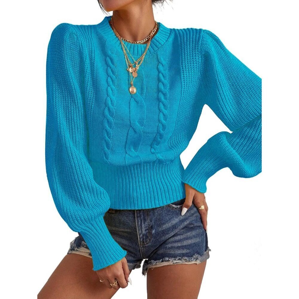 Women's Cropped Sweater Cable Knit Lantern Sleeve Casual Pullover Small